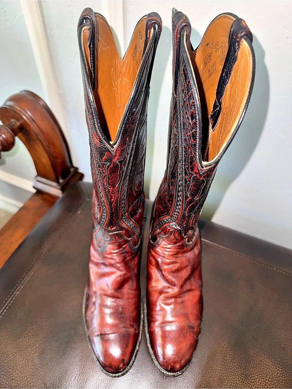 VTG Lucchese San Antonio Black Cherry Leather Cowgirl Boots Size 8 B⁠